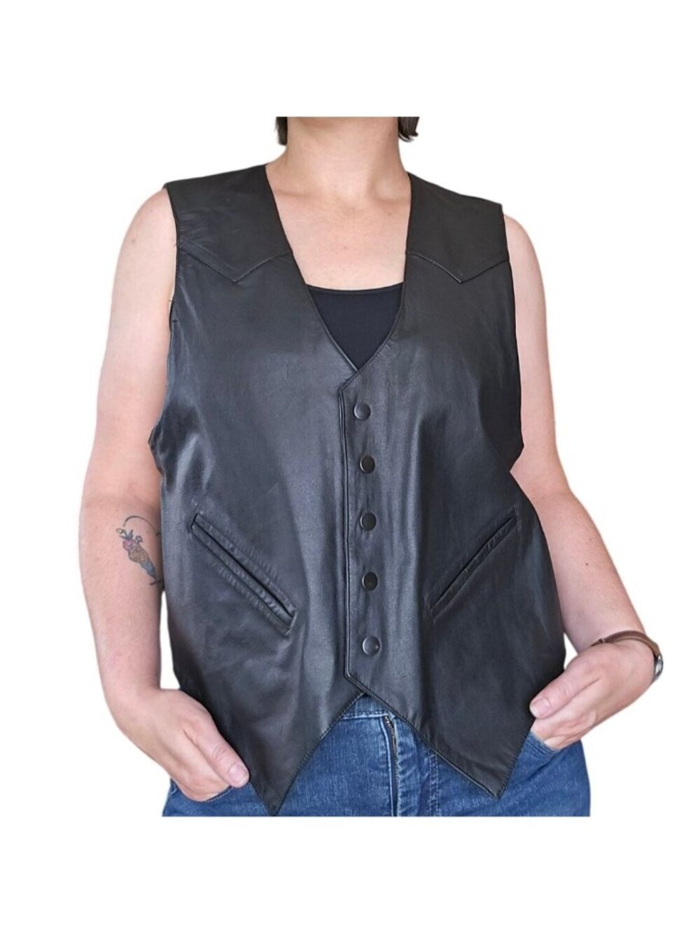 Vintage 80s Western Frontier Black Leather Men's Vest Size L Snap Front Biker